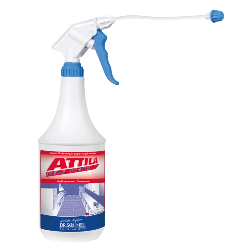 Weiße 1L Sprühflasche mit blauem Auslöser und der Aufschrift "Dr. Schnell ATTILA EXTRA STARK Grill- und Backofenreiniger, Küchenhygiene" der DR.SCHNELL GmbH & Co. KGaA, mit einem rot-blauen Etikett mit deutschem Text für Küchenhygiene.