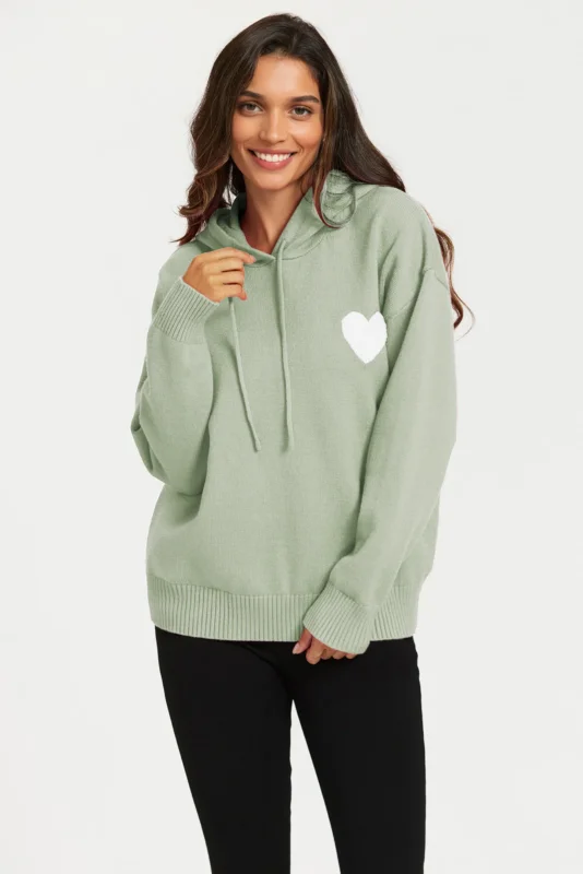 Strick-Hoodie mit Herzstickerei in Olivgrün