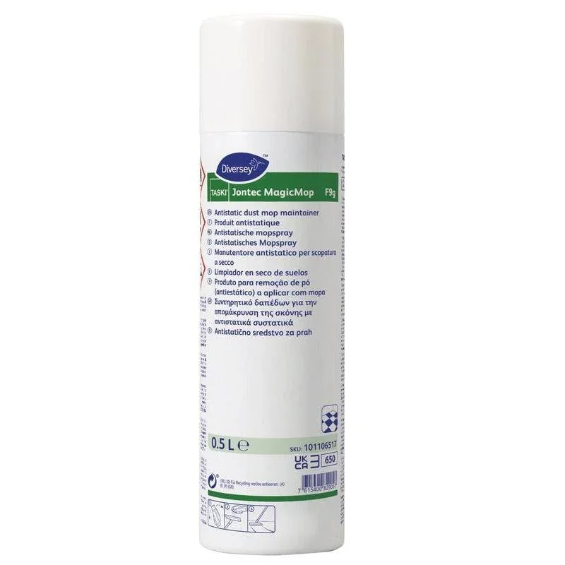 Eine weiße 500 ml Dose Diversey Deutschland TASKI Jontec MagicMop, langanhaltendes astatisches Feuchtwischmittel, mit mehrsprachiger Anleitung auf dem Etikett für hygienisch saubere Böden.