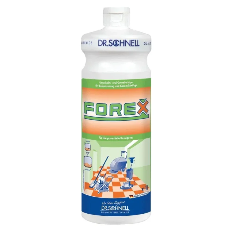 Eine weiße Flasche Dr. Schnell FOREX Alkalischer Unterhalts- und Grundreiniger von DR.SCHNELL GmbH & Co. KGaA, mit grün-orangefarbenen Etiketten mit Bildern von Reinigungsgeräten und deutschem Text. Geeignet für Feinsteinzeug und keramische Fliesen.