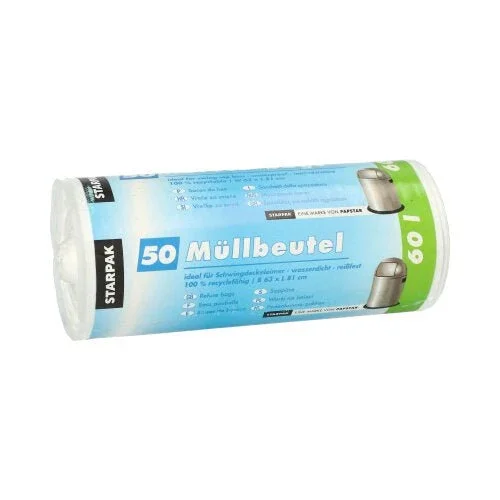 Eine Rolle mit 50 Starpak Müllbeuteln, weißen HDPE-Säcken (60 l, 81 x 63 cm), mit deutscher Beschriftung und verpackt in einer Hülle mit Starpak-Logo.