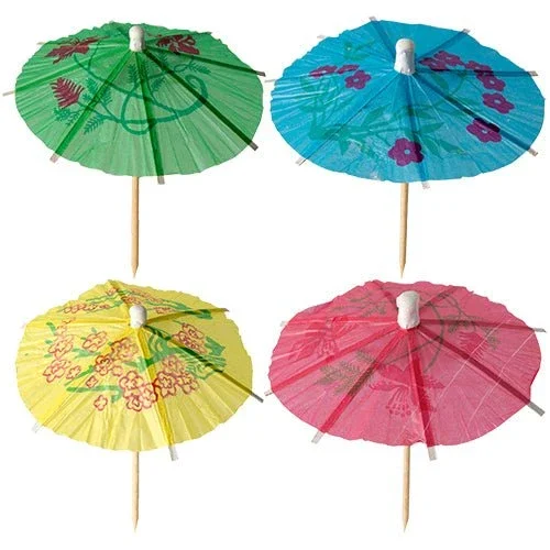 Sechs farbenfrohe PAPSTAR Deko-Picker "Eisschirmchen Asia" (10 cm) der PAPSTAR GmbH zeigen sich geöffnet mit floralen Motiven und Holzstäbchen - die ideale Party-Deko für jede festliche Veranstaltung. Geliefert in einem Beutel mit 6 Stück.