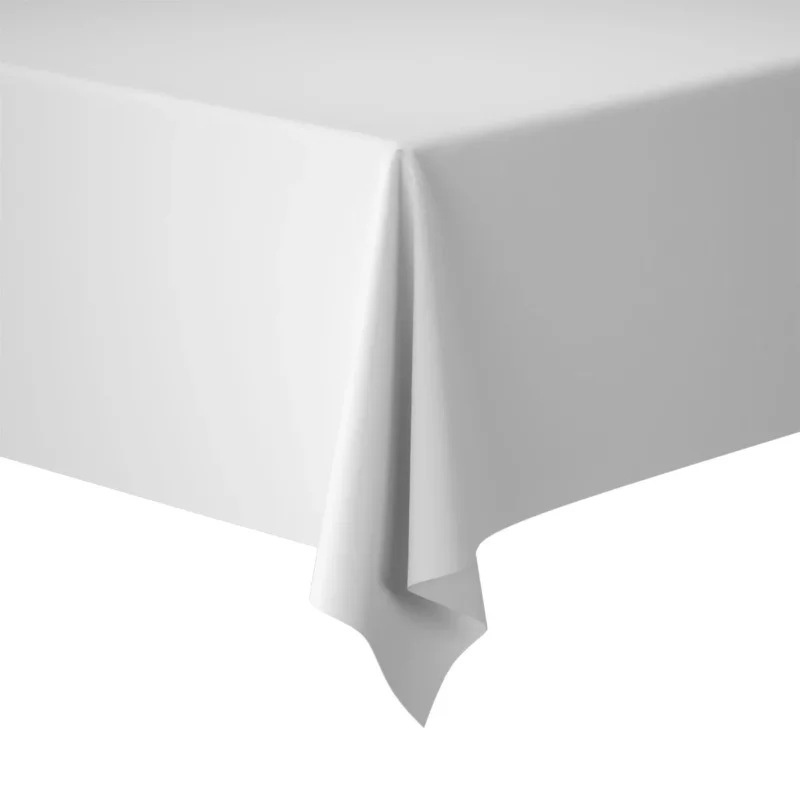Eine Evolin-Tischdecke der Duni GmbH im Format 127 x 180 cm in eleganter Leinenoptik ist über die Ecke eines rechteckigen Tisches drapiert und steht vor einem weißen Hintergrund.