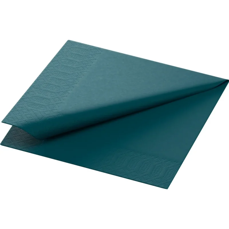 Die Zellt.-Servietten 24x24 cm, 3-lagig in ocean teal von Duni GmbH sind diagonal gefaltet, wodurch die strukturierten Ränder und die glatte Mitte hervorgehoben werden. Jede Packung enthält 250 Servietten.