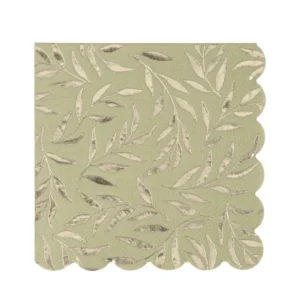 Serviettes cocktail en papier à bords festonnés pour fête vert sauge et or