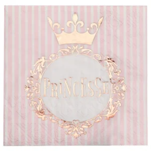 Serviettes Princesse rose gold à rayures roses et blanches avec motif de couronne