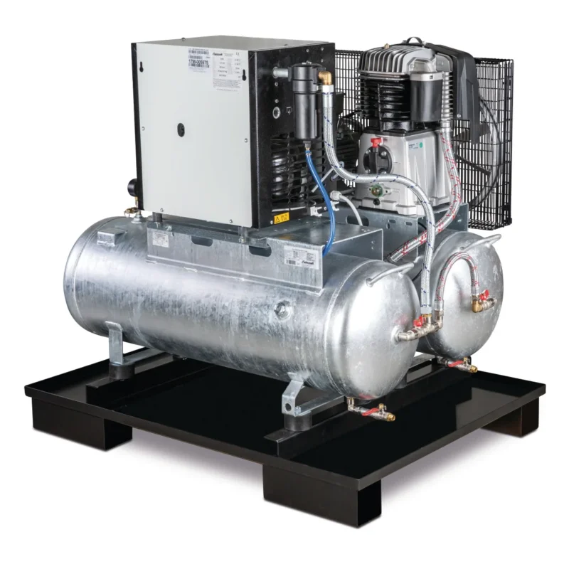Produktbild von Stationärer Kolbenkompressor mit 2x 100 Liter-Druckluftbehältern und Kältetrockner Airprofi Duo 703/2x100/10 K