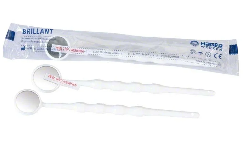 Einmalmundspiegel mit weißem Griff und einzeln verpackt in Schutzfolie.