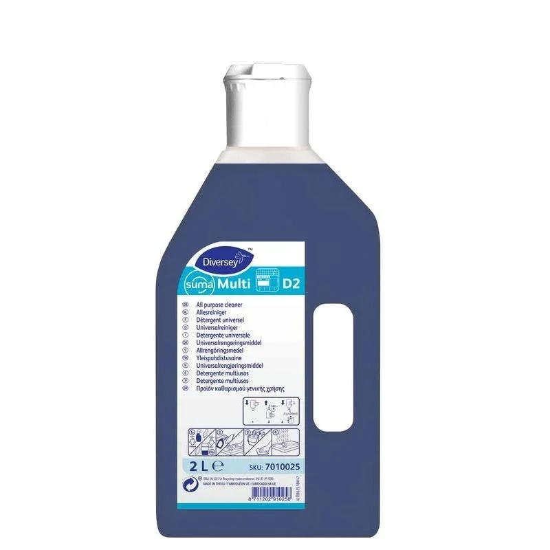Eine 2-Liter-Flasche Diversey Suma Multi D2 Universalreiniger, aluminiumsicher, der Diversey Deutschland GmbH & Co. OHG, mit weißem Verschluss und blauer Flüssigkeit. Mehrsprachiges Etikett. Ideal für die professionelle Reinigung diverser Oberflächen.
