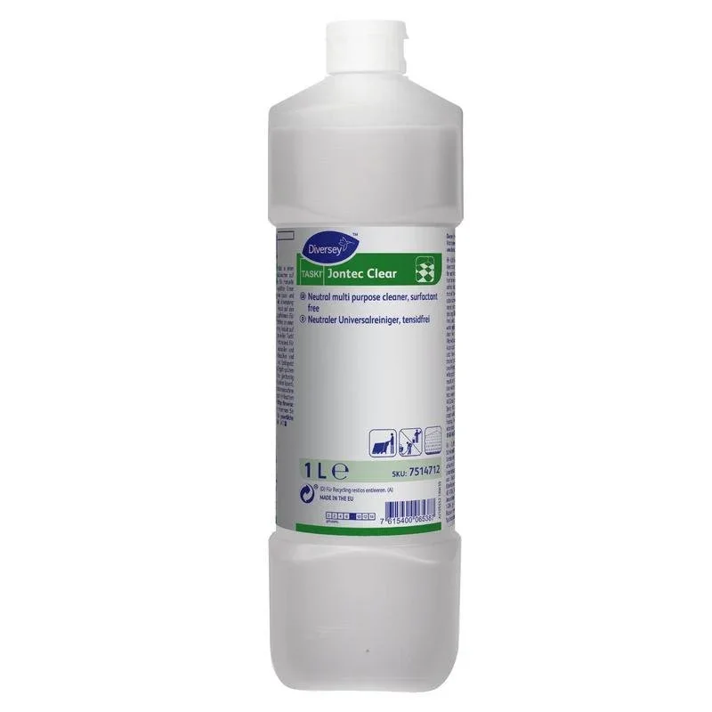 Eine 1-Liter-Flasche aus durchsichtigem Kunststoff mit TASKI Jontec Clear Reiniger für Hartbeläge von Diversey Deutschland GmbH & Co. OHG, mit weißem Deckel und einem weiß-blau-grünen Etikett mit Produktinformationen und Anwendungssymbolen.