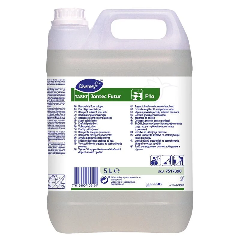 Ein 5-Liter-Kanister TASKI Jontec Futur Universalgrundreiniger für alle alkalifesten Beläge von Diversey Deutschland GmbH & Co. OHG, mit Griff und Frontetikett mit Gebrauchsanweisung und Sicherheitssymbolen.