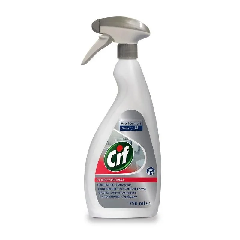 Eine 750 ml weiße Sprühflasche Cif Professional Badreiniger von Diversey Deutschland GmbH & Co. OHG, mit grauer Düse und Etikett, mit 2 in 1 Reinigen und Entkalken für effektive Kalk- und Badreinigerwirkung.