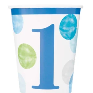Gobelets en carton 1er anniversaire pour enfant bleus et blancs à pois pastel