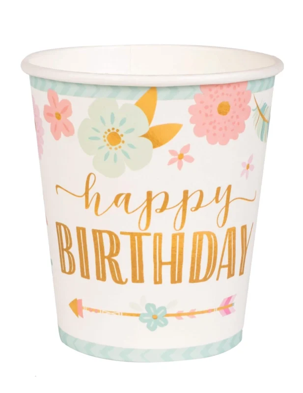Gobelets en carton boho happy birthday pour anniversaire blancs aux motifs fleurs et flèches pastels