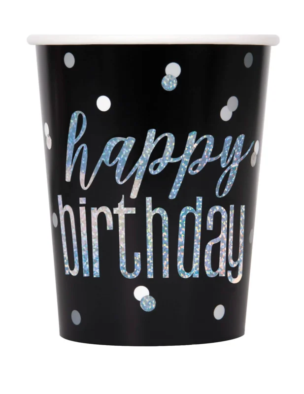 Gobelets en carton Happy Birthday pour fête noirs et gris avec confettis brillants