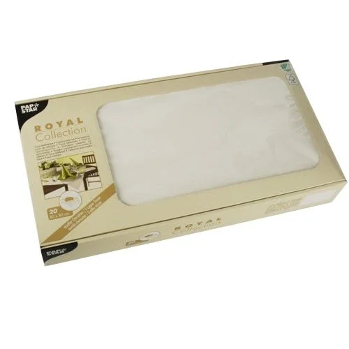 Eine rechteckige Box mit der Aufschrift „ROYAL Collection“ der PAPSTAR GmbH enthält 20 elfenbeinfarbene Seiden-Mitteldecken (80 x 80 cm) in beiger Verpackung mit einem gedeckten Esstisch, der durch ein klares Fenster sichtbar ist – ideal für eine elegante Tischdekoration.