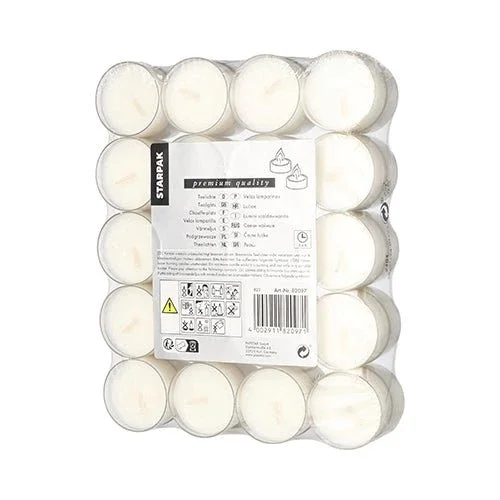 Eine Packung mit 40 weißen Starpak-Teelichtern (Ø 38 mm, 19 mm) wird aus Sicherheitsgründen in einer Polycarbonathülle geliefert, mit einem zentralen rechteckigen Etikett auf der eingeschweißten Schale, das Produktinformationen, Anweisungen und Warnhinweise anzeigt.