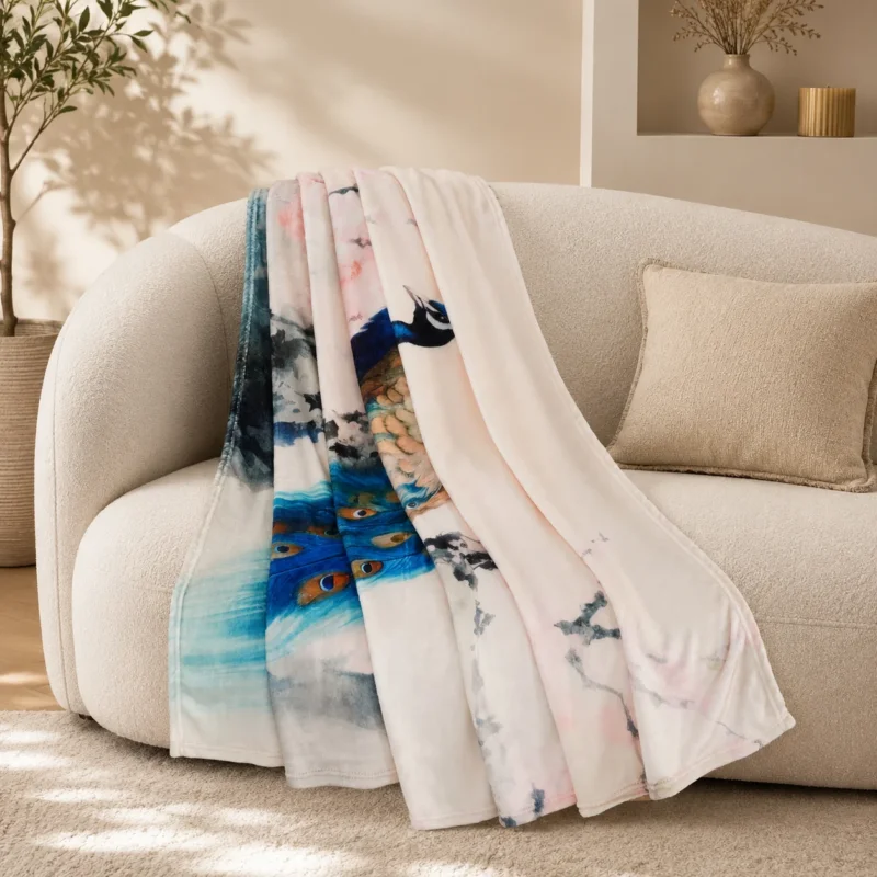 LIVMORE SPACES 240gsm Flanell-Kuscheldecke mit Digitaldruck, 150x200cm, Pfauenmotiv