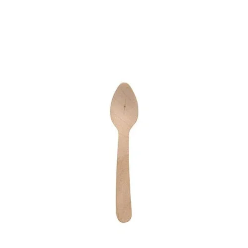 Ein einzelner PAPSTAR Kaffeelöffel Holz "pure", 11 cm, umweltfreundlich und stabil von PAPSTAR GmbH, liegt auf schlicht weißem Hintergrund. Der biologisch abbaubare Löffel hat ein einfaches Design mit rundem Griff und flacher Schale.