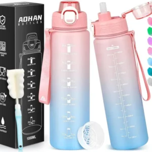 Trinkflasche Sport 1l BPA-frei mit Strohhalm Zeitmarkierung