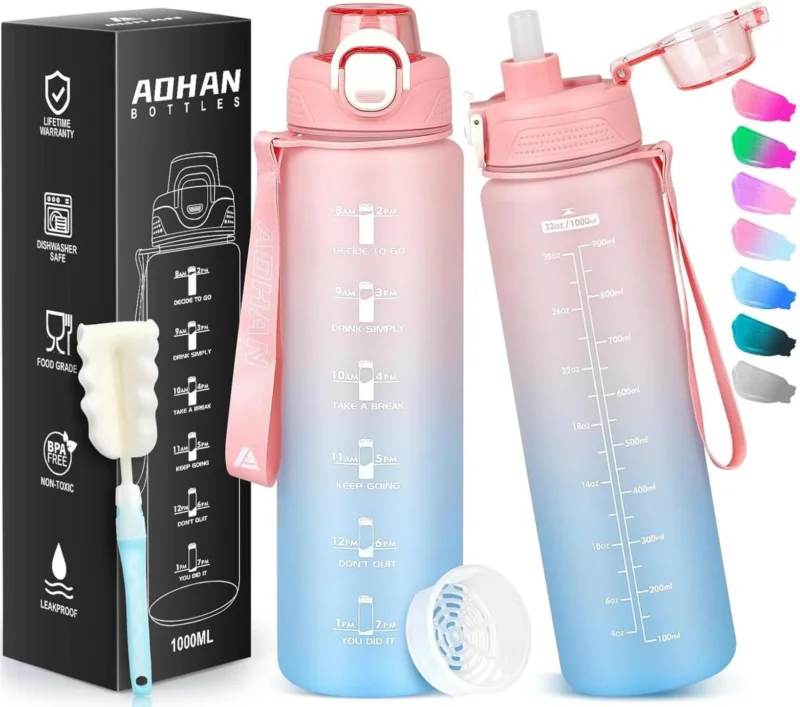 Trinkflasche Sport 1l BPA-frei mit Strohhalm Zeitmarkierung