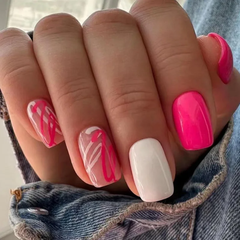 24er Set Rosa Weiß French Wellen Künstliche Nägel Für Frauen