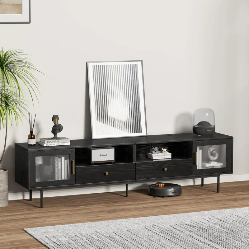 TV Schrank Schwarz 200 cm TV Sideboard mit Stauraum & Kabelführung