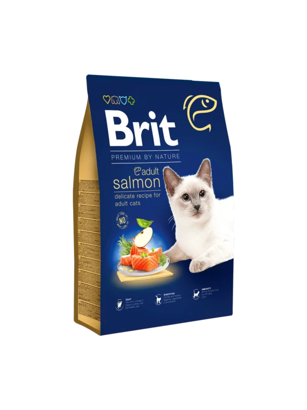 Brit Premium by Nature Adult Salmon cat food bag with delicate recipe, salmon illustration, and immunity icons