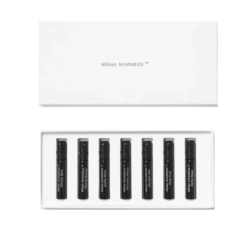 Mihan Aromatics - Discovery Kit mit sieben kleinen Duftproben in schwarzem Design in weißer Box präsentiert