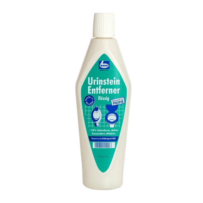 Eine Flasche Dr. Becher Urinstein Entferner, ein flüssiger Entkalker mit einer 18%igen Salzsäureformel, der zum Reinigen sanitärer Anlagen wie Toiletten und Urinale entwickelt wurde, wurde auf