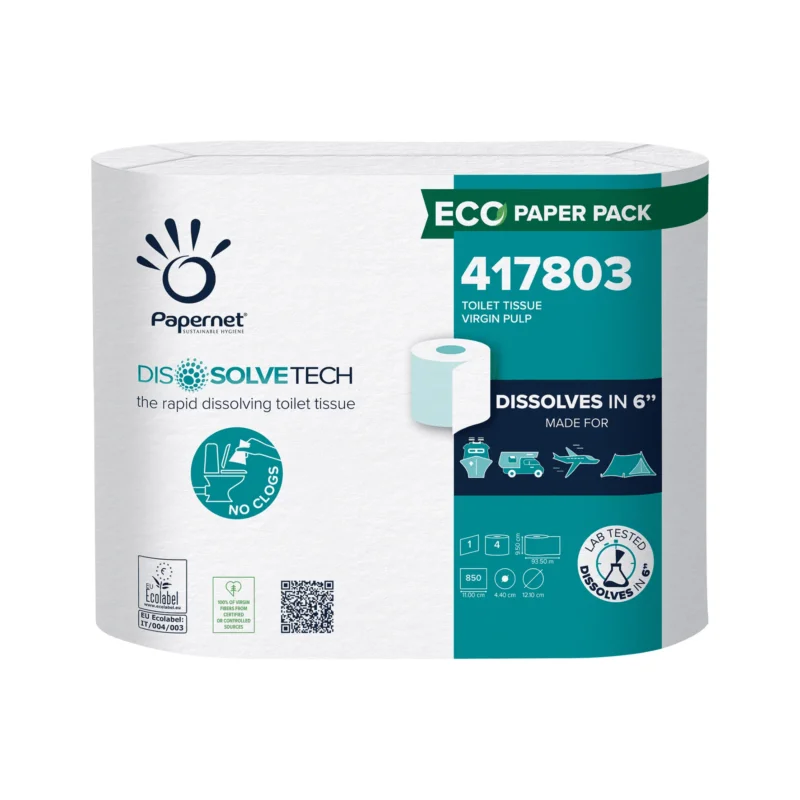 Das Papernet Toilettenpapier mit Dissolve Tech Technologie von Sofidel Germany GmbH zeichnet sich durch seine schnelle Auflösung aus und verhindert Verstopfungen durch die Verwendung von umweltfreundlichem Zellstoff, der sich in nur 6 Sekunden auflöst. Die Verpackung zeigt Logos für Öko-Papierpackungen und im Labor getestete Werbeaussagen, alles in antibakteriellem Verpackungsmaterial verpackt.