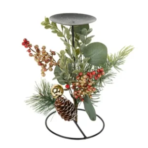 Bougeoir traditionnel et végétal décor de Noël noir avec pomme de pin et baies rouges et dorées