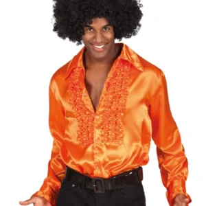 Chemise disco pour homme orange satinée à jabot