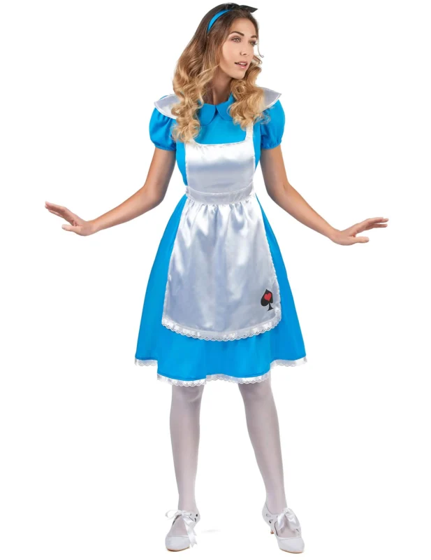 Déguisement Alice pour femme bleu et blanc avec tablier satiné