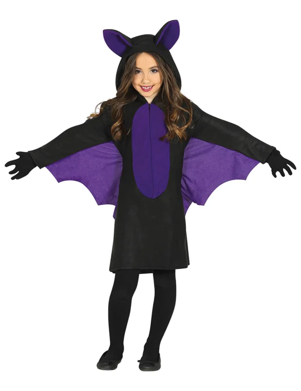 Déguisement de chauve-souris pour fille noir et violet avec ailes et capuche à oreilles