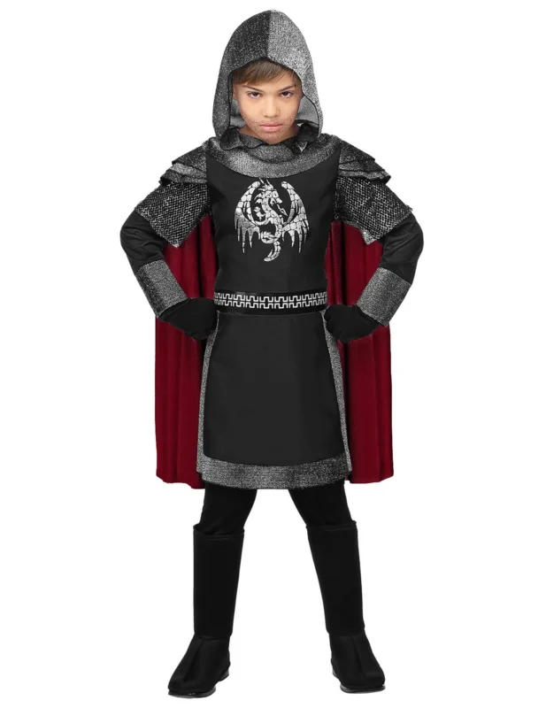 Déguisement de chevalier des dragons pour enfant noir et argent avec cape rouge