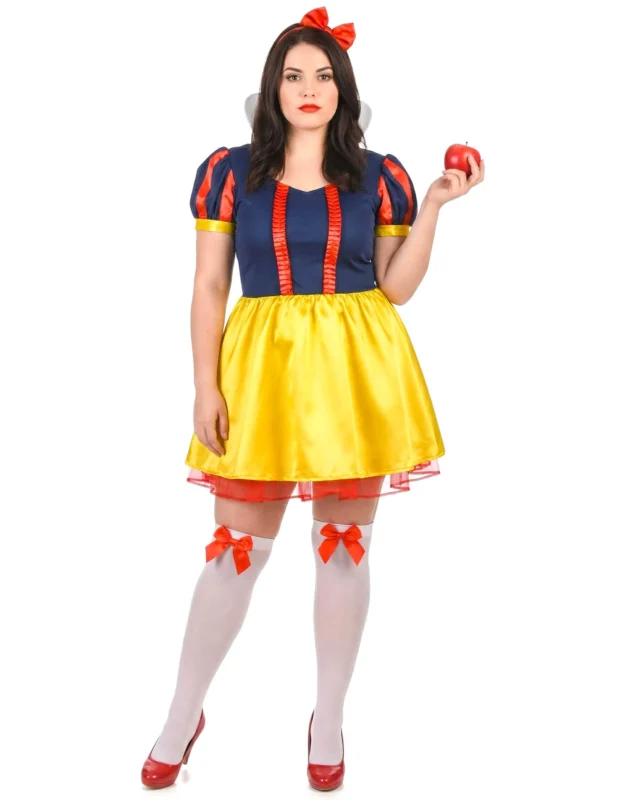 Déguisement de princesse des 7 nains pour femme bleu et jaune avec serre-tête rouge