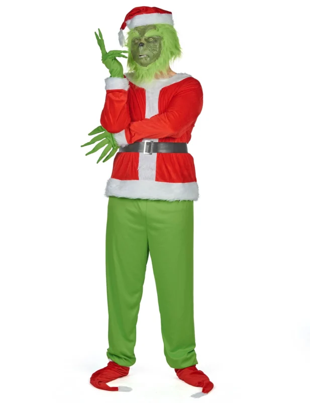 Déguisement monstre vert grincheux pour adulte rouge et vert avec masque et bonnet de Noël