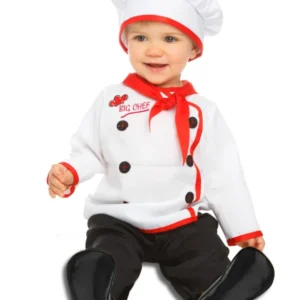 Déguisement de petit chef pour bébé blanc et rouge avec toque et pantalon noir