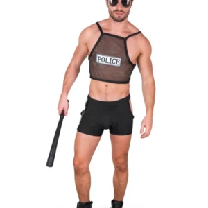 Déguisement policier coquin pour homme noir avec débardeur en résille et casquette