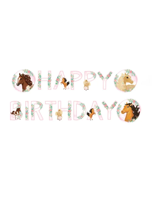 Guirlande happy birthday joli cheval pour enfant rose en carton avec fleurs