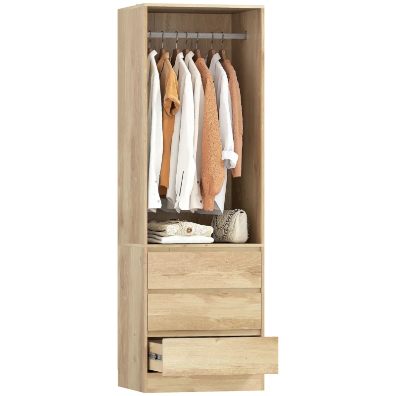 easycomfort easycomfort armadio guardaroba con asta appendiabiti ripiano aperto e 3 cassetti in legno 60x48 5x185 cm color teak