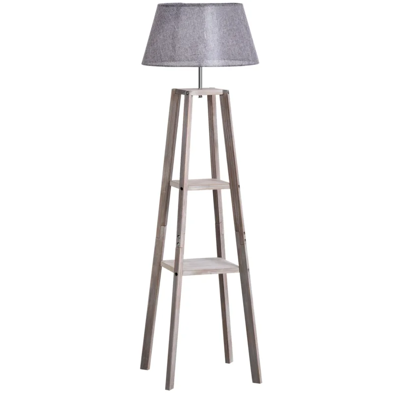 easycomfort easycomfort lampada da terra in legno con 3 ripiani e paralume in tessuto 45x45x148cm grigio