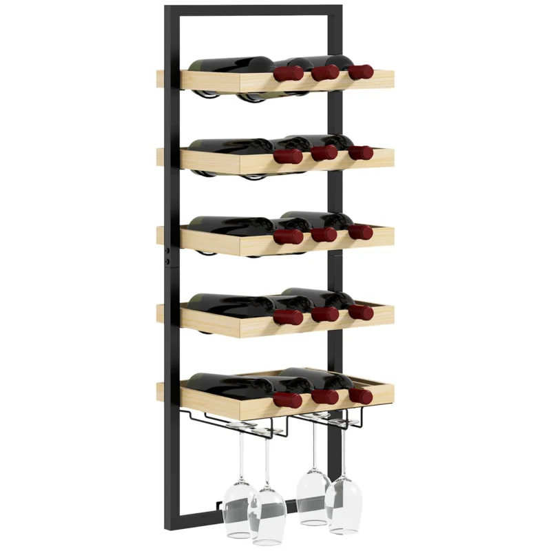 easycomfort easycomfort portabottiglie da parete in legno e acciaio per 15 bottiglie di vino e 4 calici 35x25x86cm