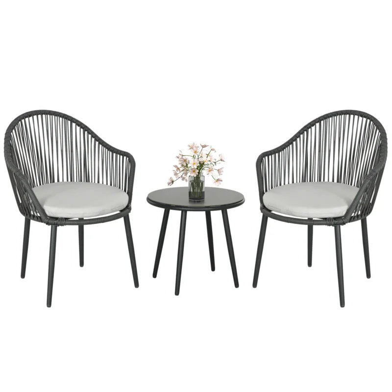 easycomfort easycomfort salotto da giardino in rattan con 2 poltroncine con cuscini e tavolino da caffe in vetro grigio