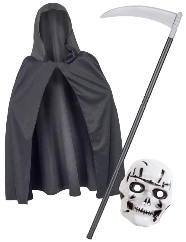 Kit accessoires squelette pour enfant noir et blanc avec cape masque et faux