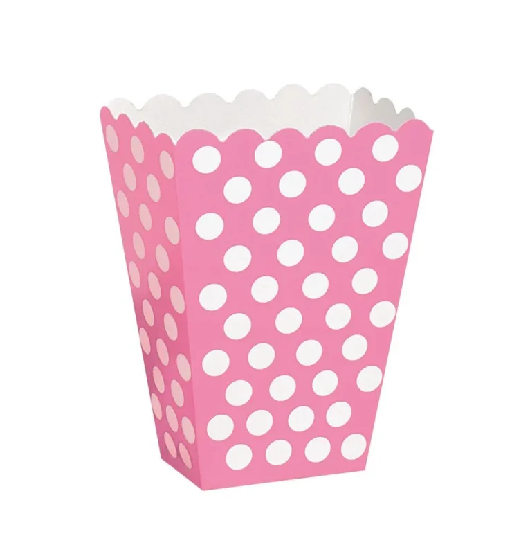 Lichtroze Popcorn Bakjes Witte Stippen 13,7cm 8st van Unique koop je bij Partywinkel