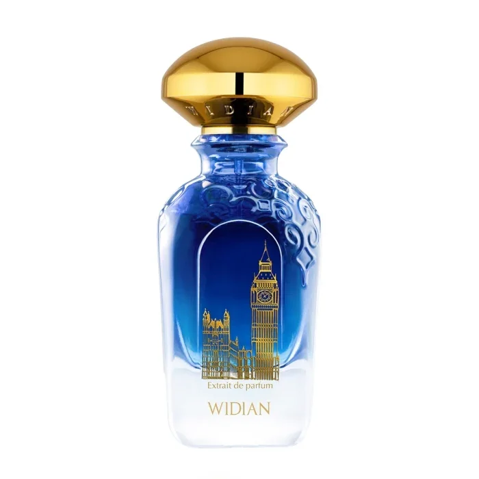 Widian - Sapphire Collection - London Parfumflakon mit blauem Glas und goldfarbenem Deckel vor weißem Hintergrund