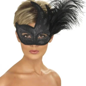 Loup noir avec paillettes argentées et plumes pour adulte noir