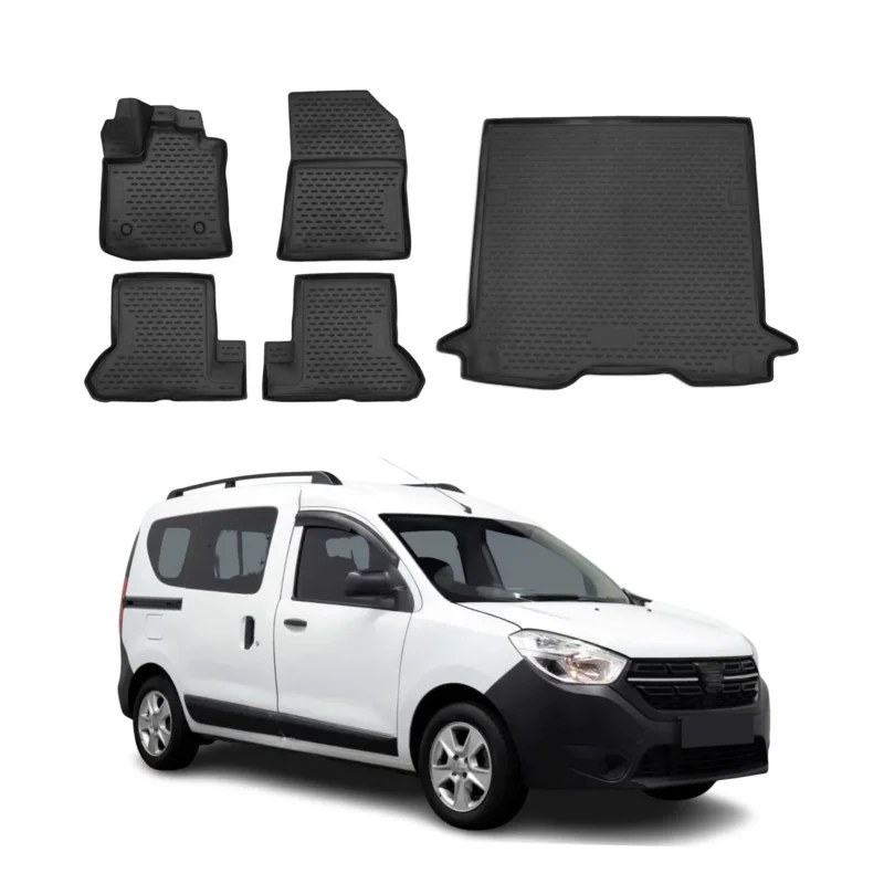 Fußmatten & Kofferraumwanne Set für Dacia Dokker 2012-2021 Gummi TPE Schwarz 5x